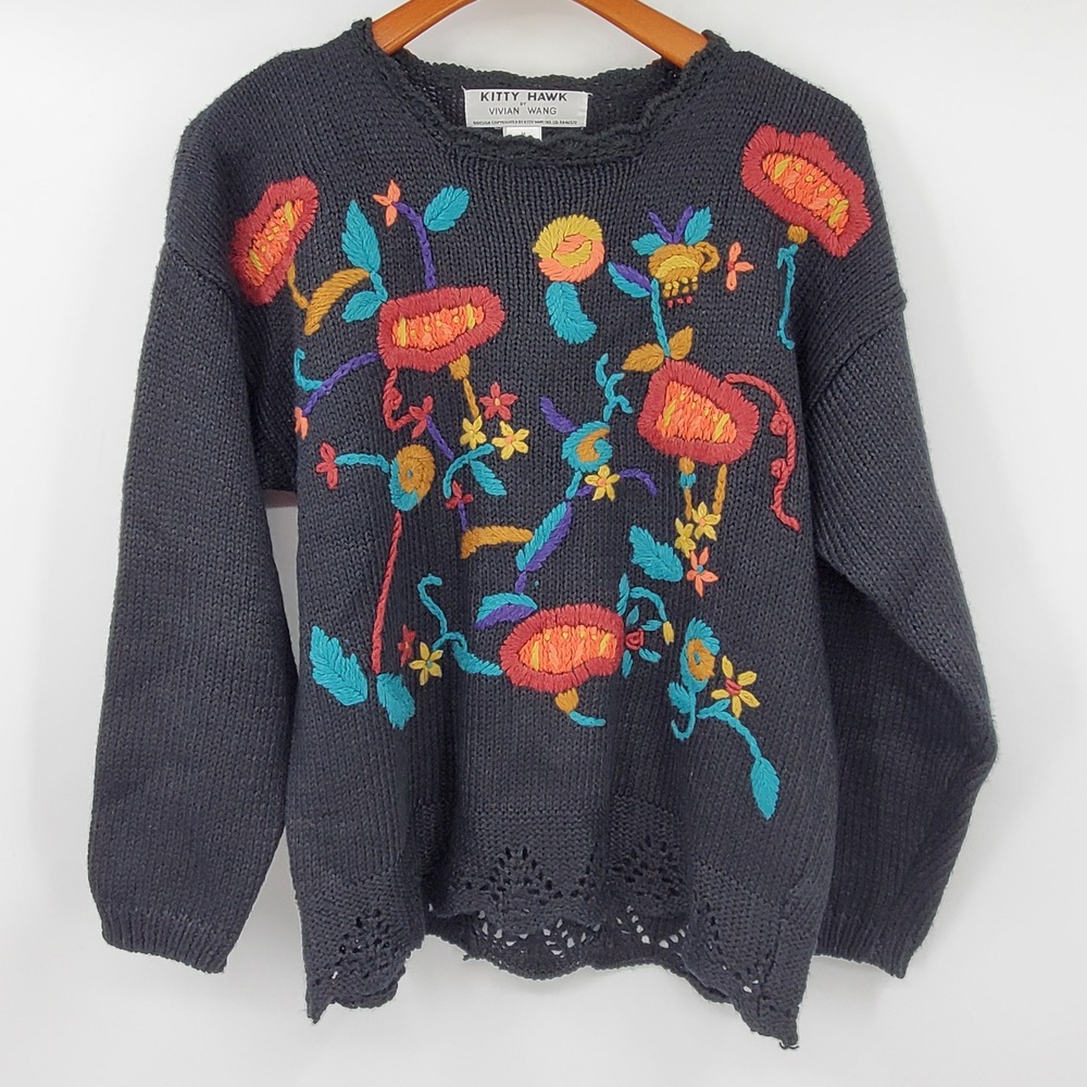 Kitty Hawk Vivian Wang Vintage Floral Embroidered Sweater Black M Cottage Granny